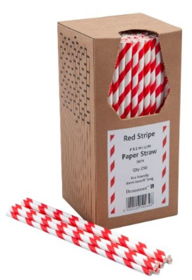 PACK OF 250 RED STRIPE PAPER DRINKING STRAW BIODEGRADABLE 8" 6MM BORE