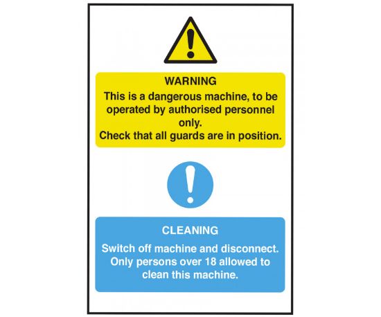 WARNING DANGEROUS MACHINE CLEANING GUIDE 200 X 300mm SELF ADHESIVE