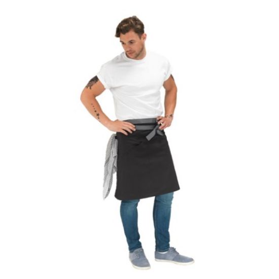 LE CHEF STATEMENT WAIST APRON BLACK WITH POCKET & GREY TIES