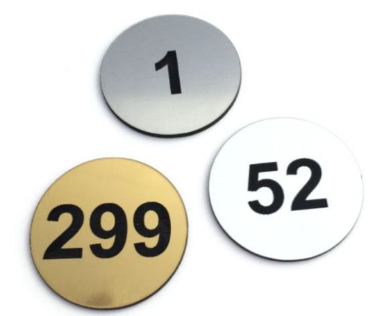 WHITE TABLE NUMBER DISCS INDOOR/OUTDOOR WITH DRILLED HOLES OR S/A BACKING 38mm