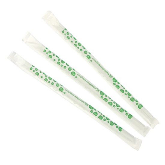 PACK OF (300) COMPOSTABLE PLA PLASTIC JUMBO STRAW 8" GREEN STRIPE WRAPPED