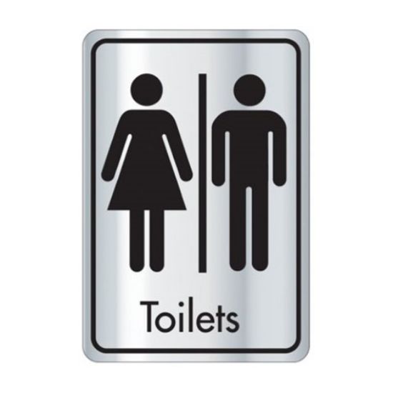 TOILETS DOORSIGN SELF ADHESIVE 128X83MM BLACK & SILVER