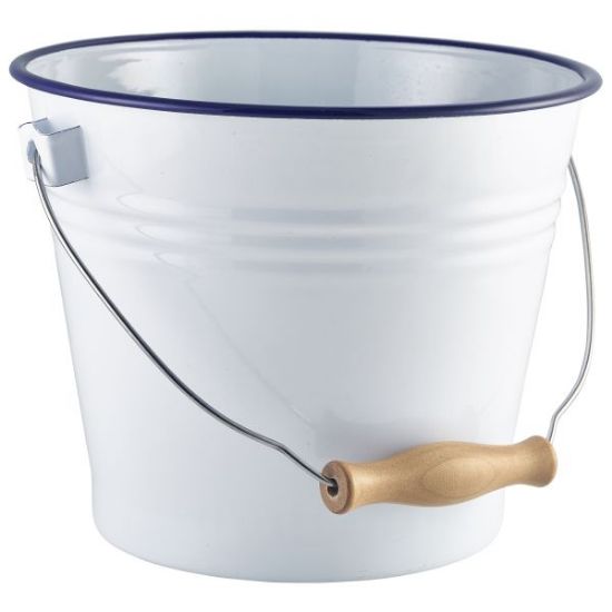 ENAMEL WHITE BUCKET WITH BLUE RIM 16CM DIA