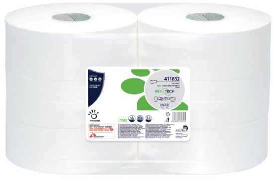 Bio Tech Maxi Jumbo Toilet Roll - 76mm Core 300mtr White 2 Ply Pure (Case of 6)