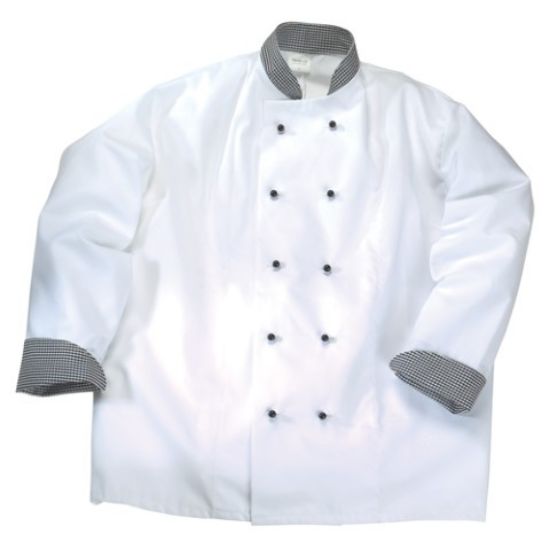 Chef Jacket White Gingham Trim Black Button Med *p
