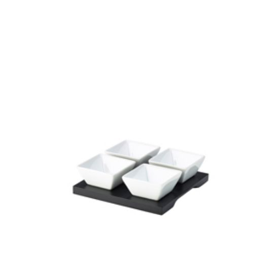Genware Black Wooden Tray With 4 Dip Dishes (4)