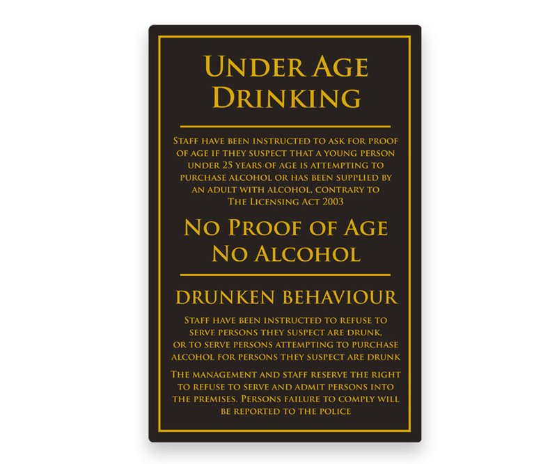 NO PROOF OF AGE NO ALCOHOL170X260MM RIGID BLACK GOLD