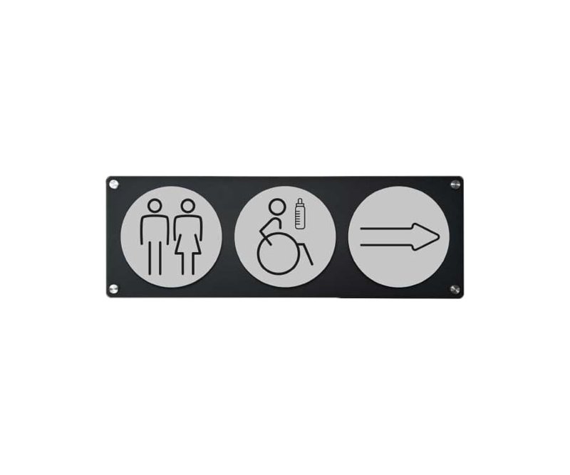 THREE SYMBOL WALL MOUNTED DIRECTIONAL PLAQUE FOR USE WITH 150mm WASHROOM SIGNS
