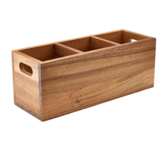 Genware Acacia Wood 3 Compartment Cutlery Box