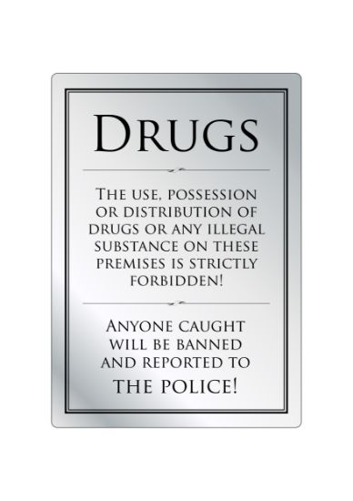 Drugs Policy Sign 210x297mm Brushed Silver Black Writing Self Adhesive