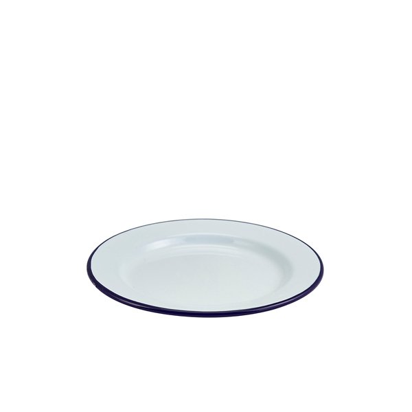 ENAMEL WIDE RIM PLATE WHITE & BLUE 20CM