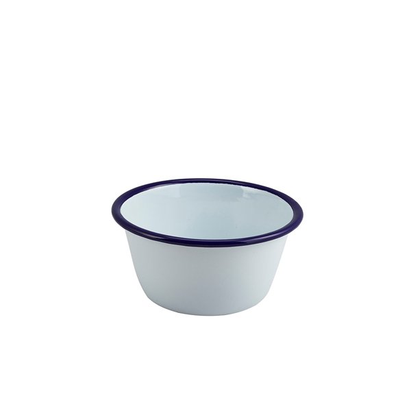 ENAMEL ROUND DEEP PIE DISH WHITE & BLUE 12CM (12)