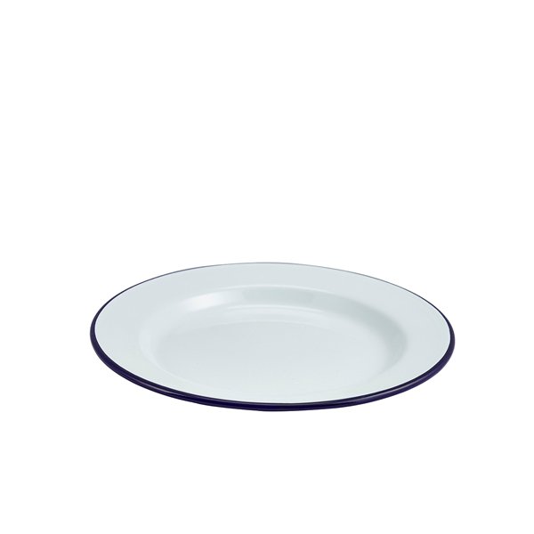 ENAMEL WIDE RIM PLATE WHITE & BLUE 24CM