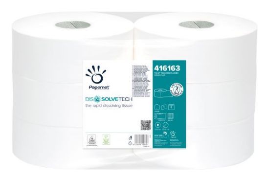 Dissolve Tech 1ply Maxi Jumbo Toilet Roll - 500m White Pure (Case of 6)