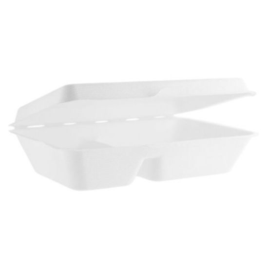 CASE OF (200)  BAGASSE CLAMSHELL 9x6" 2 COMPARTMENT