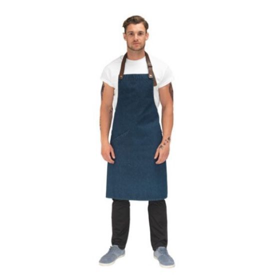 LE CHEF STATEMENT INDIGO DENIM APRON LEATHER HALTER & POCKET